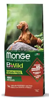 Monge Dog BWild Grain Free сухой беззерновой корм для взрослых собак всех пород с мясом ягненка, картофелем и горохом