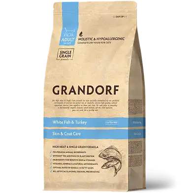 Grandorf сухой беззерновой корм для взрослых кошек с рыбой и индейкой.
