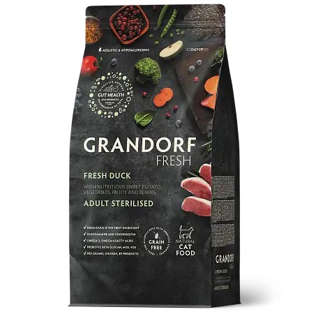 Купить grandorf fresh сухой беззерновой корм для стерилизованных кошек с живыми пробиотиками, утка и батат