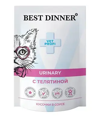 Best Dinner Exclusive Vet Profi Urinary влажный корм для взрослых кошек для профилактики мочекаменной болезни (МКБ), с телятиной, кусочки в соусе (пауч)